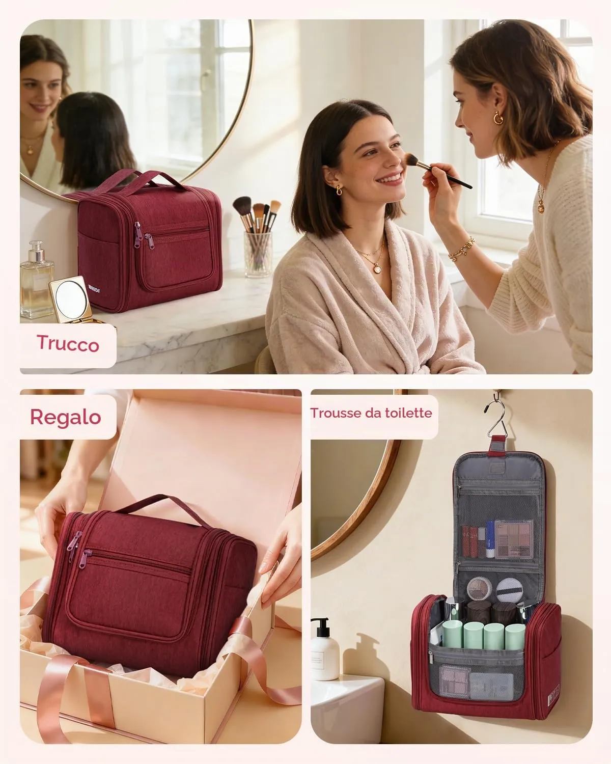 WANDF Borsa da toilette appendere per cosmetici e accessori da viaggio, resistente all'acqua (Rosso) - immagine 9