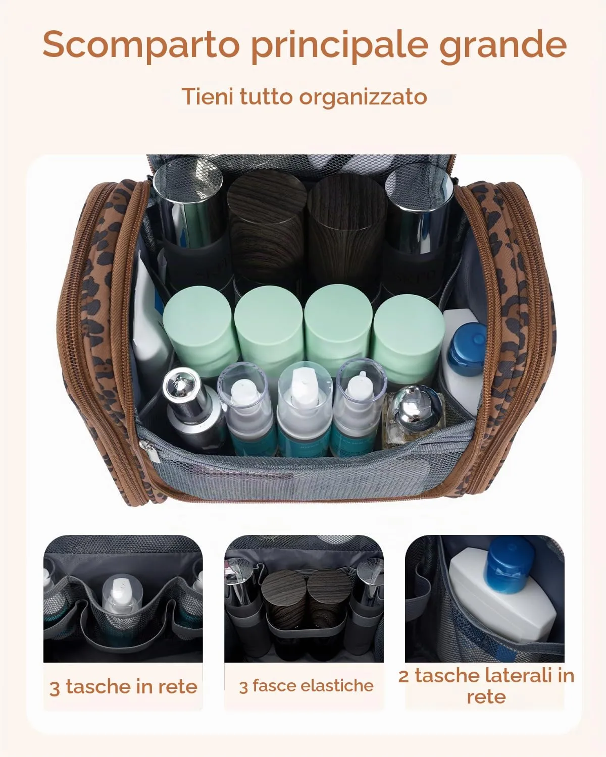 WANDF Borsa da toilette appendere resistente all'acqua per uomo e donne, Leopardo marrone - immagine 2