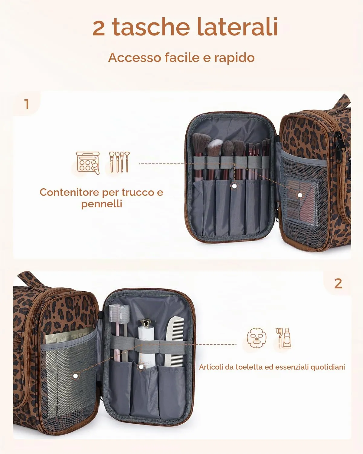 WANDF Borsa da toilette appendere resistente all'acqua per uomo e donne, Leopardo marrone - immagine 3