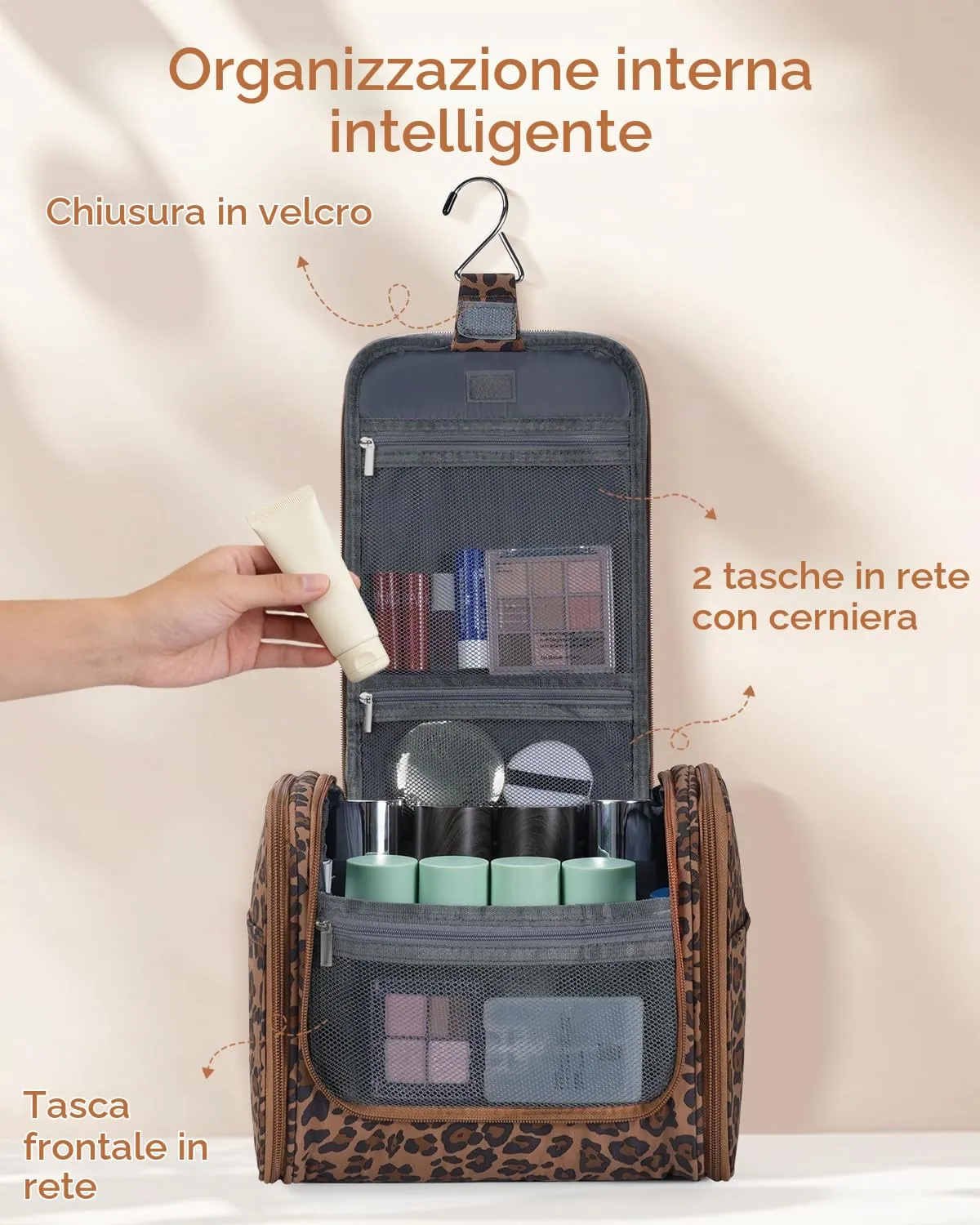 WANDF Borsa da toilette appendere resistente all'acqua per uomo e donne, Leopardo marrone - immagine 4