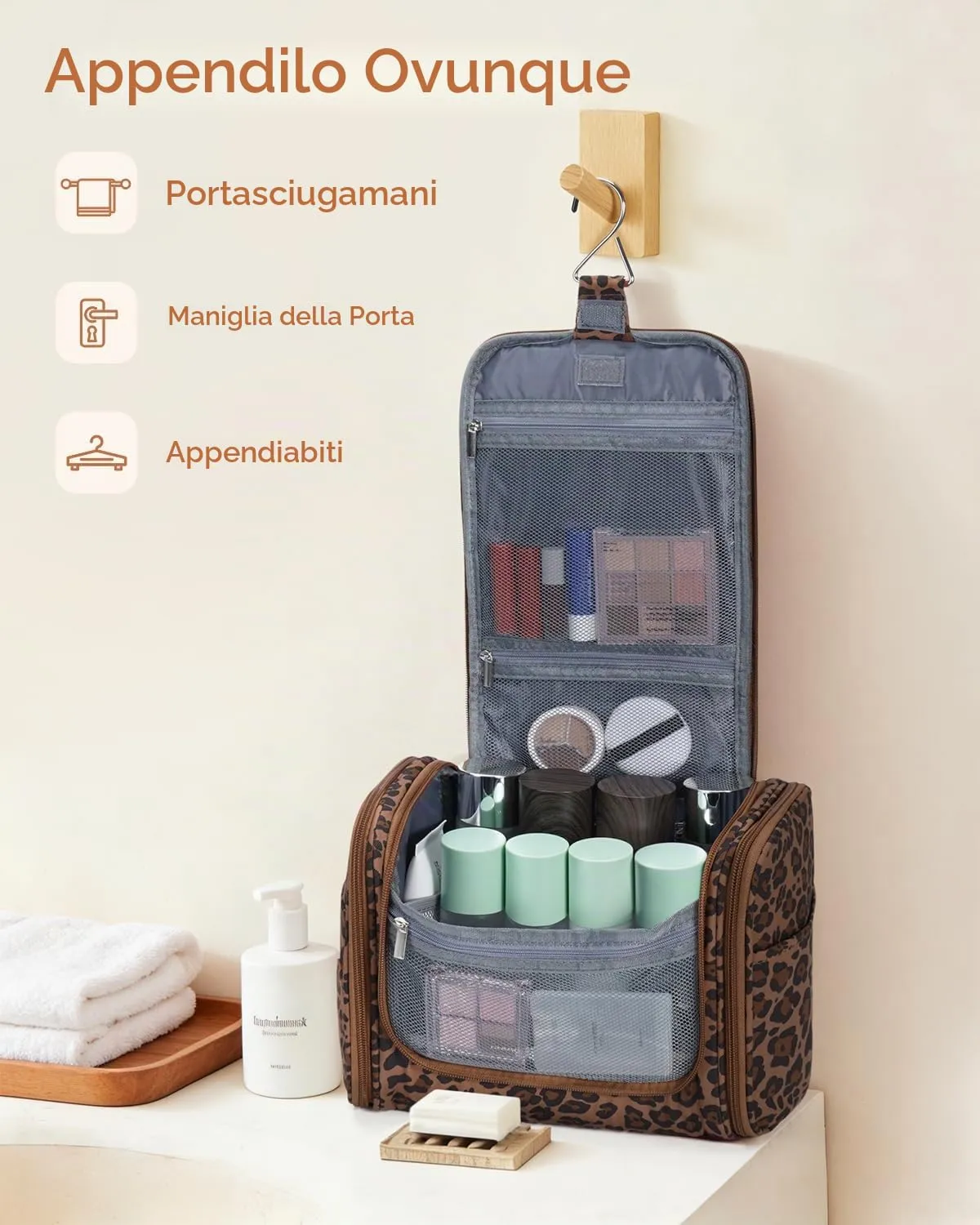 WANDF Borsa da toilette appendere resistente all'acqua per uomo e donne, Leopardo marrone - immagine 5