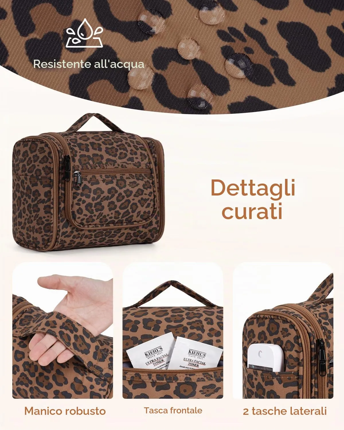 WANDF Borsa da toilette appendere resistente all'acqua per uomo e donne, Leopardo marrone - immagine 6