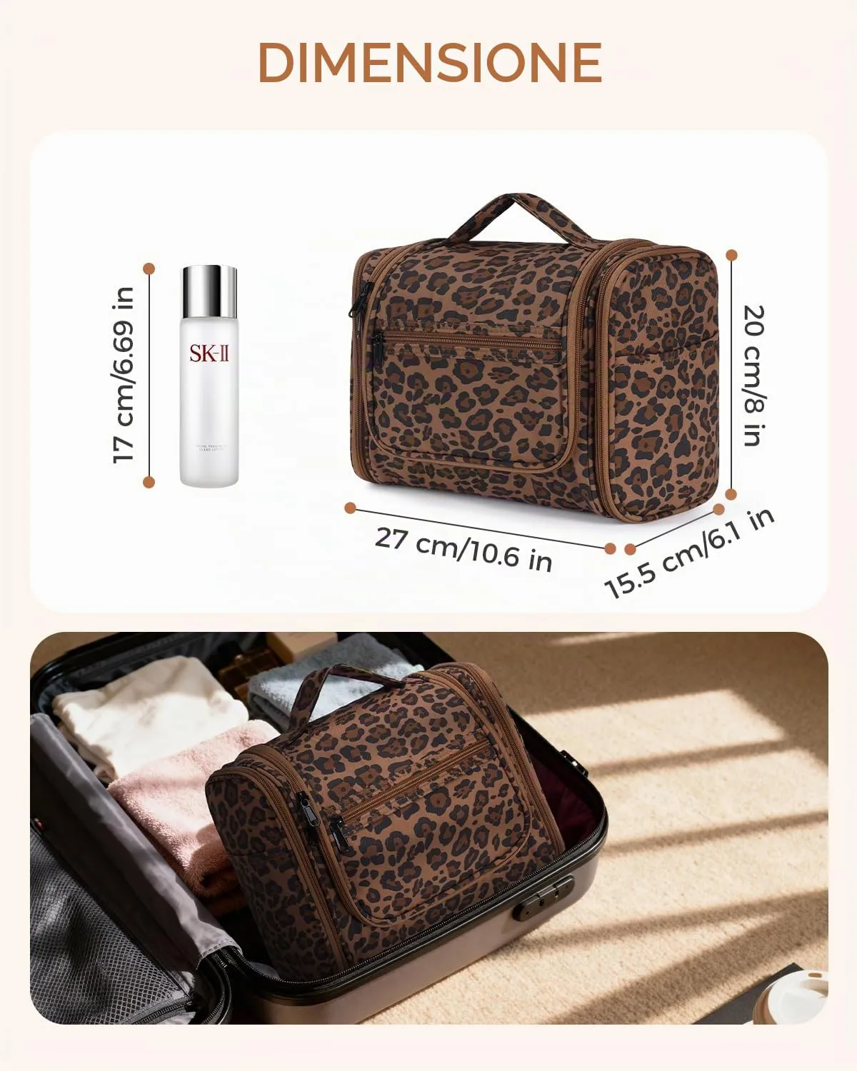 WANDF Borsa da toilette appendere resistente all'acqua per uomo e donne, Leopardo marrone - immagine 7