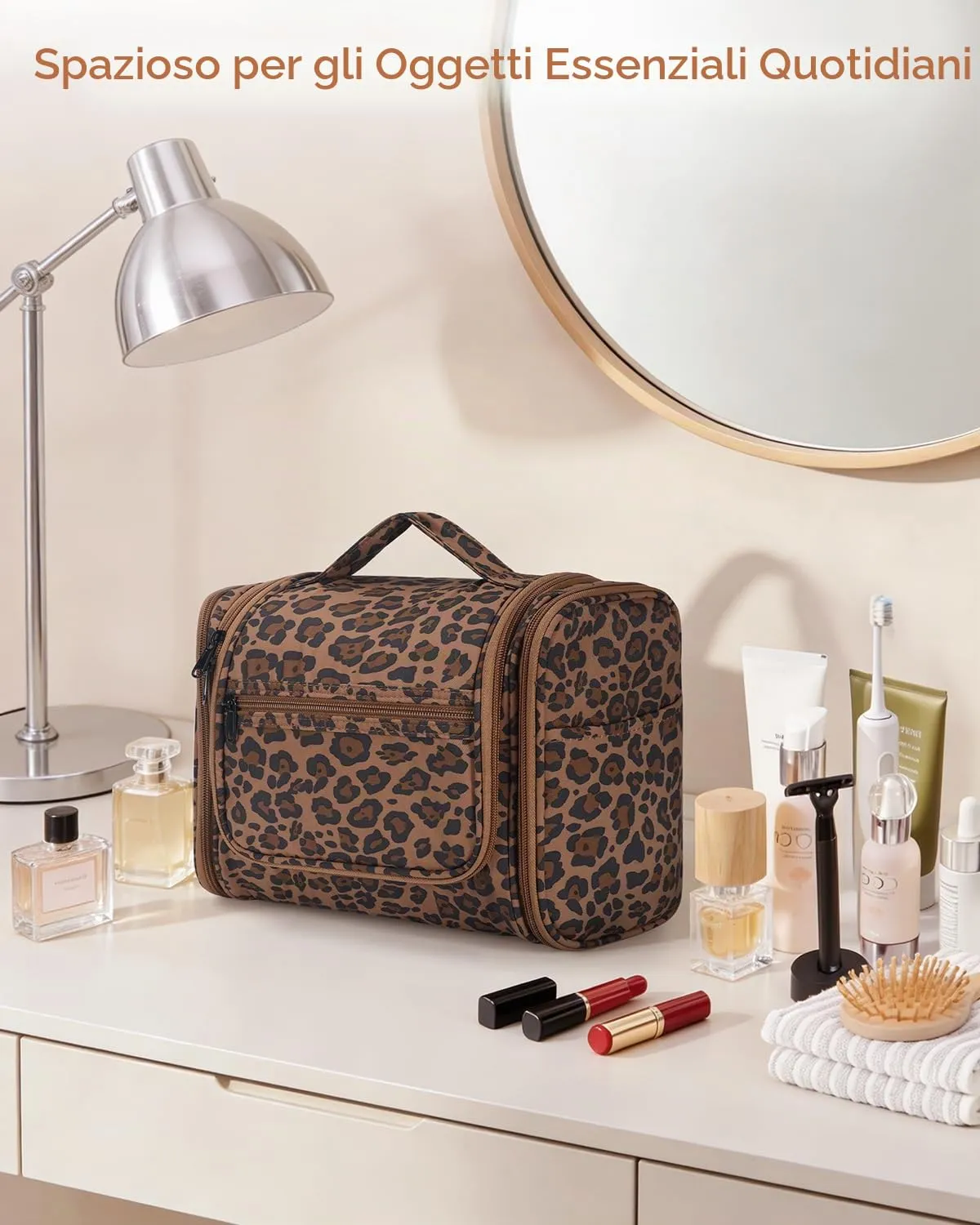WANDF Borsa da toilette appendere resistente all'acqua per uomo e donne, Leopardo marrone - immagine 8