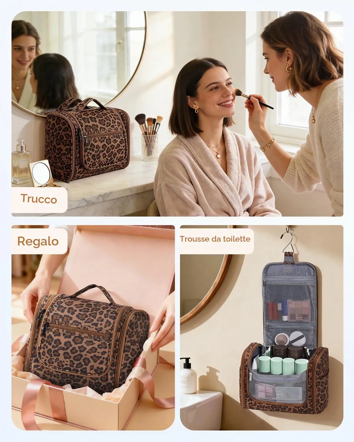 WANDF Borsa da toilette appendere resistente all'acqua per uomo e donne, Leopardo marrone - immagine 9