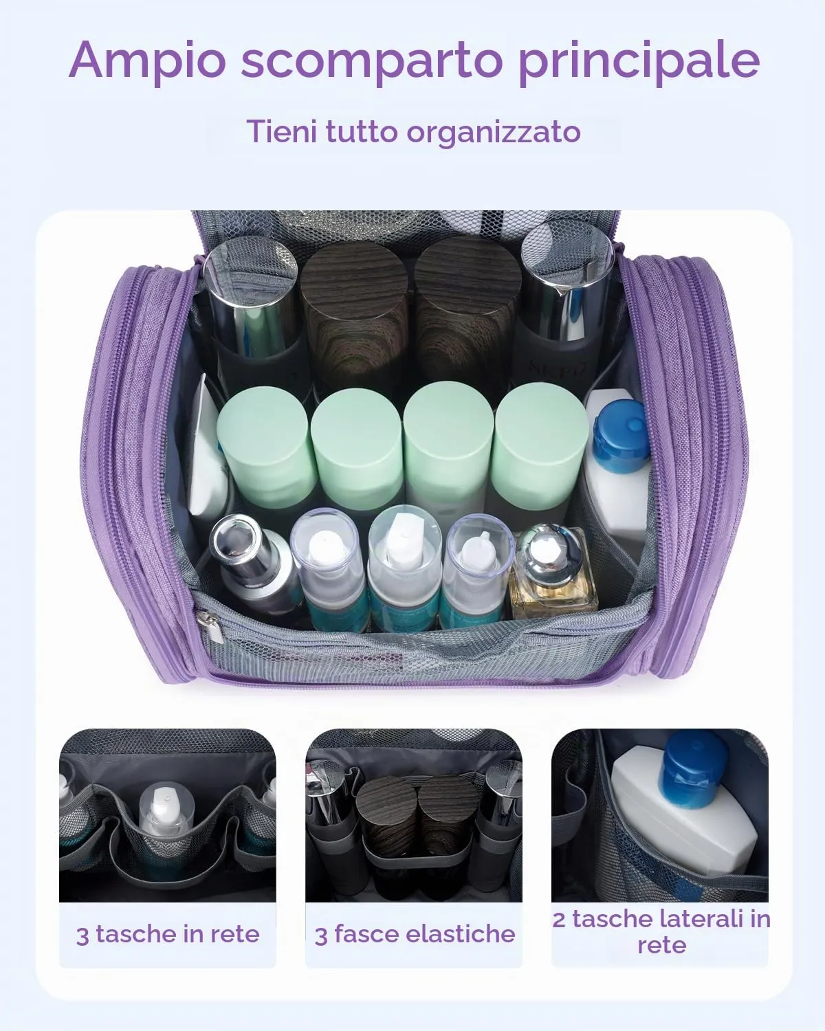 WANDF Borsa da Toilette da Viaggio Appendere Resistente all'Acqua, Viola - immagine 2