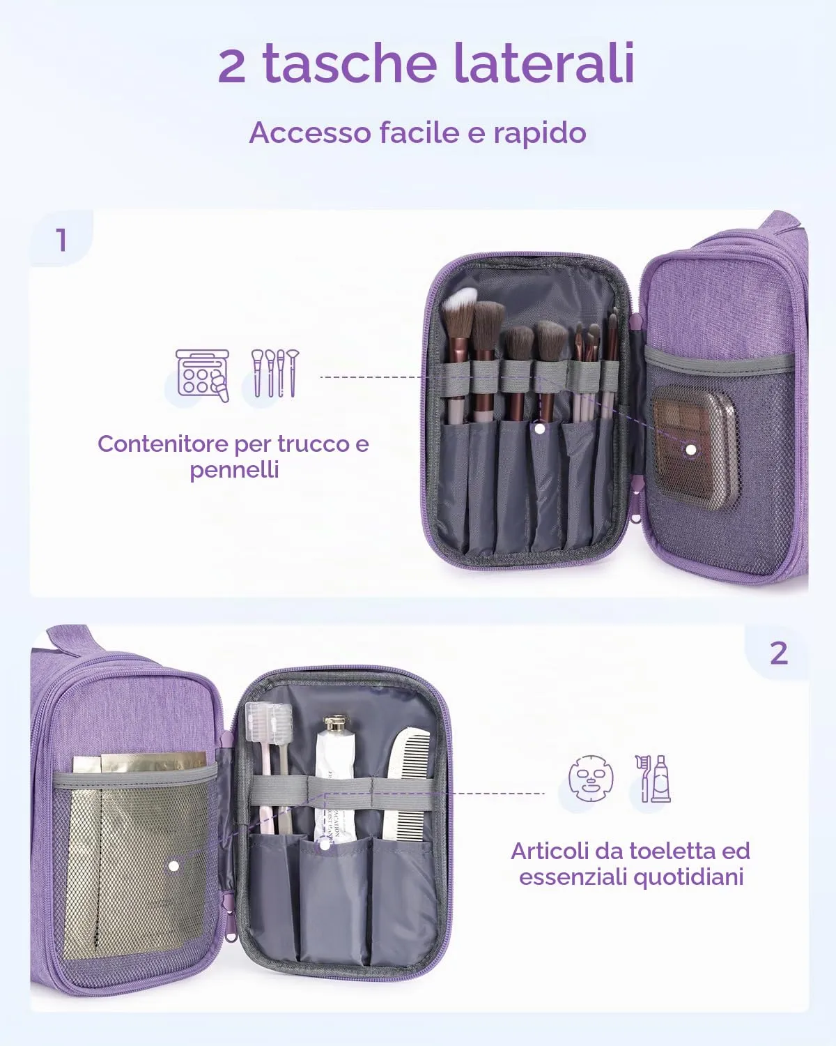 WANDF Borsa da Toilette da Viaggio Appendere Resistente all'Acqua, Viola - immagine 3