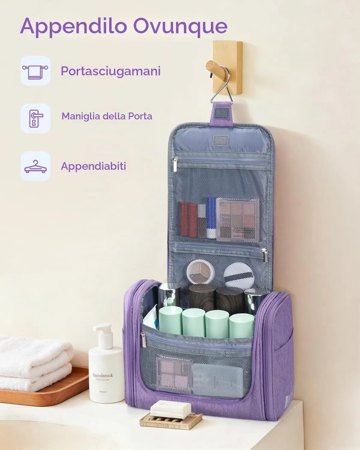 WANDF Borsa da Toilette da Viaggio Appendere Resistente all'Acqua, Viola - immagine 5