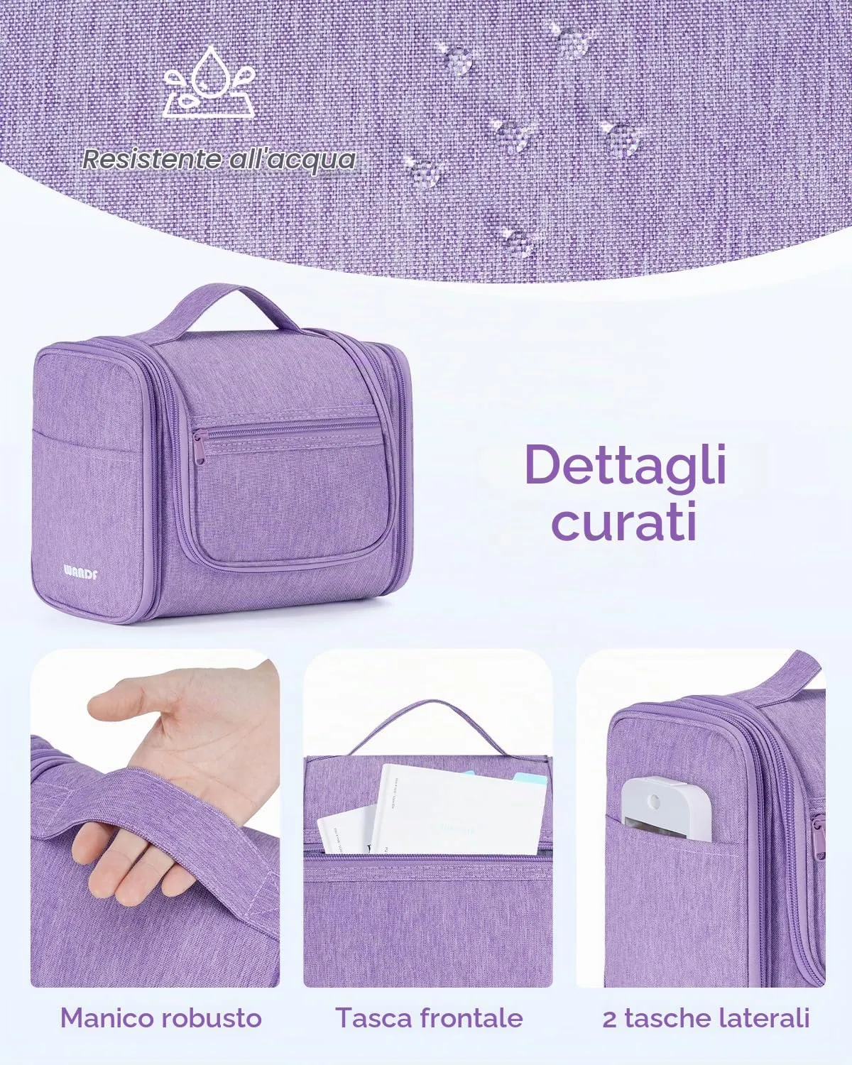 WANDF Borsa da Toilette da Viaggio Appendere Resistente all'Acqua, Viola - immagine 6