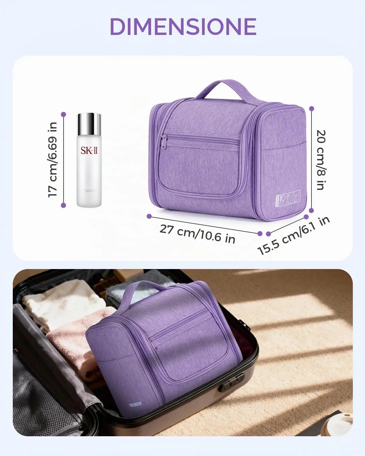 WANDF Borsa da Toilette da Viaggio Appendere Resistente all'Acqua, Viola - immagine 7