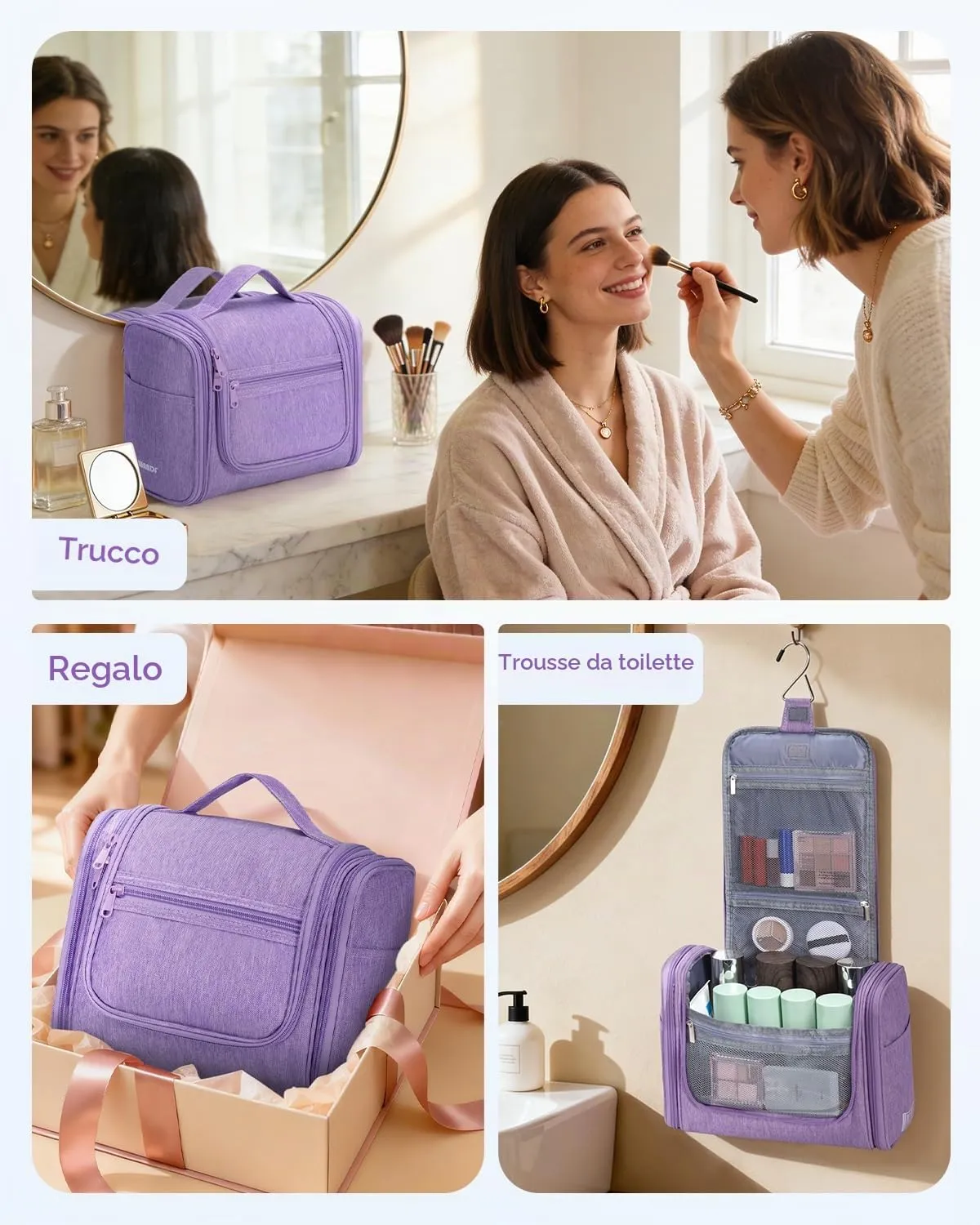WANDF Borsa da Toilette da Viaggio Appendere Resistente all'Acqua, Viola - immagine 9