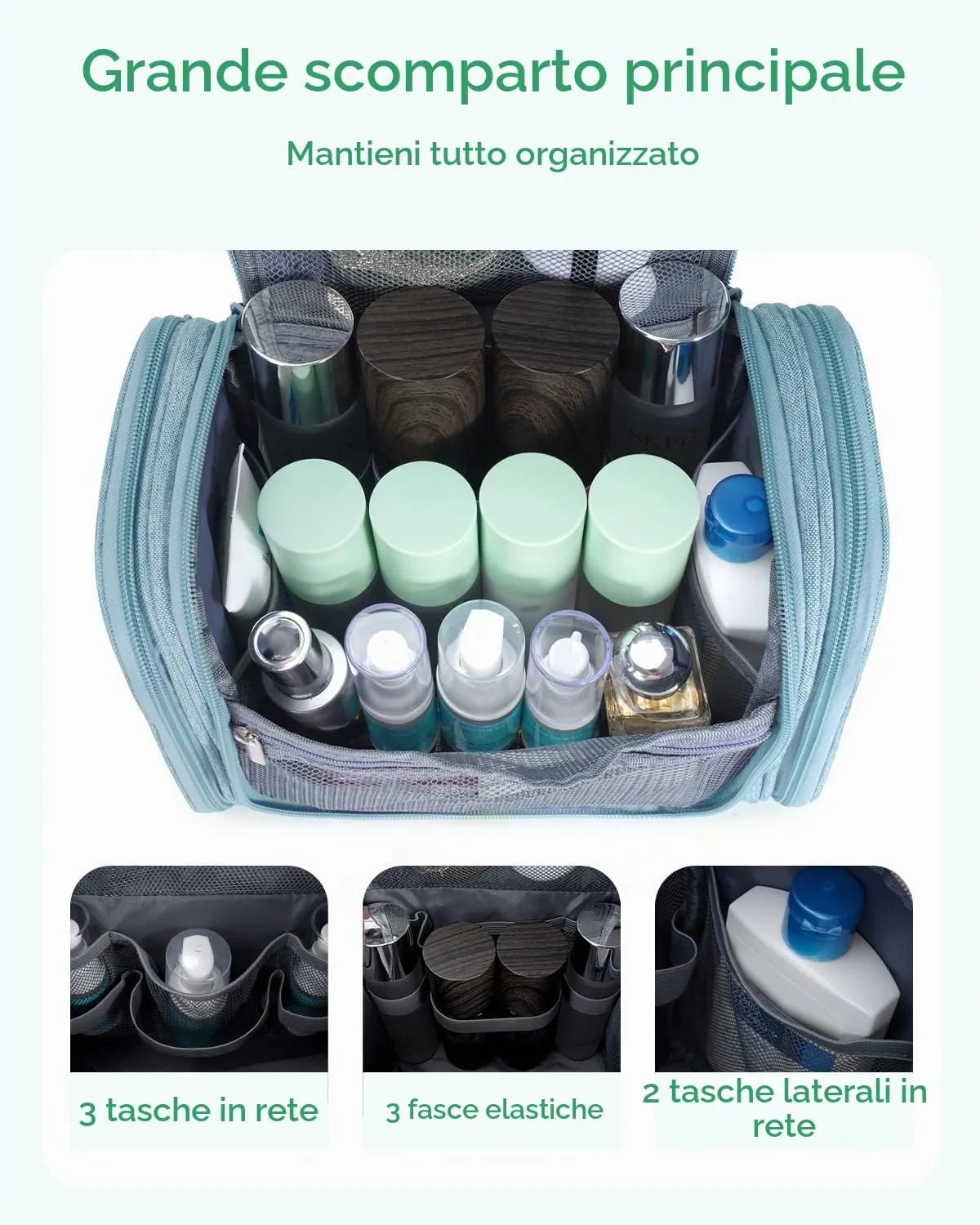 WANDF Borsa da Toilette da Viaggio Appenderibile Resistente all'Acqua, Verde Menta - immagine 2