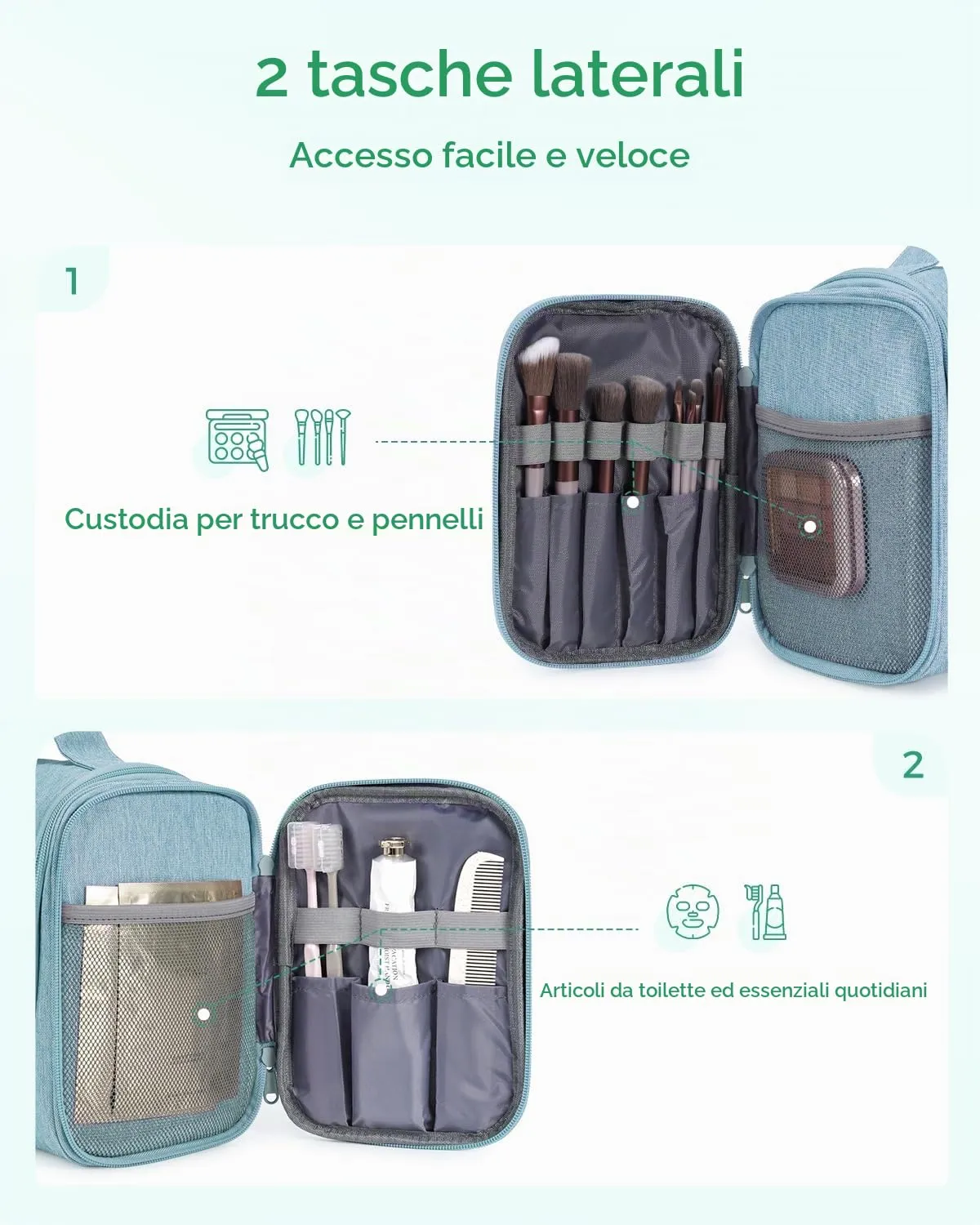 WANDF Borsa da Toilette da Viaggio Appenderibile Resistente all'Acqua, Verde Menta - immagine 3