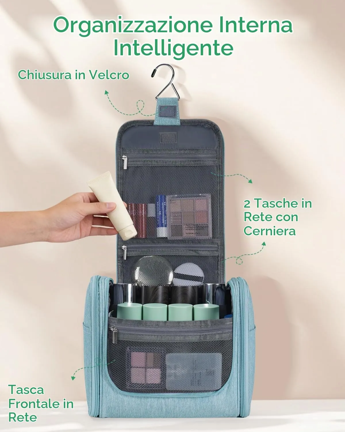 WANDF Borsa da Toilette da Viaggio Appenderibile Resistente all'Acqua, Verde Menta - immagine 4