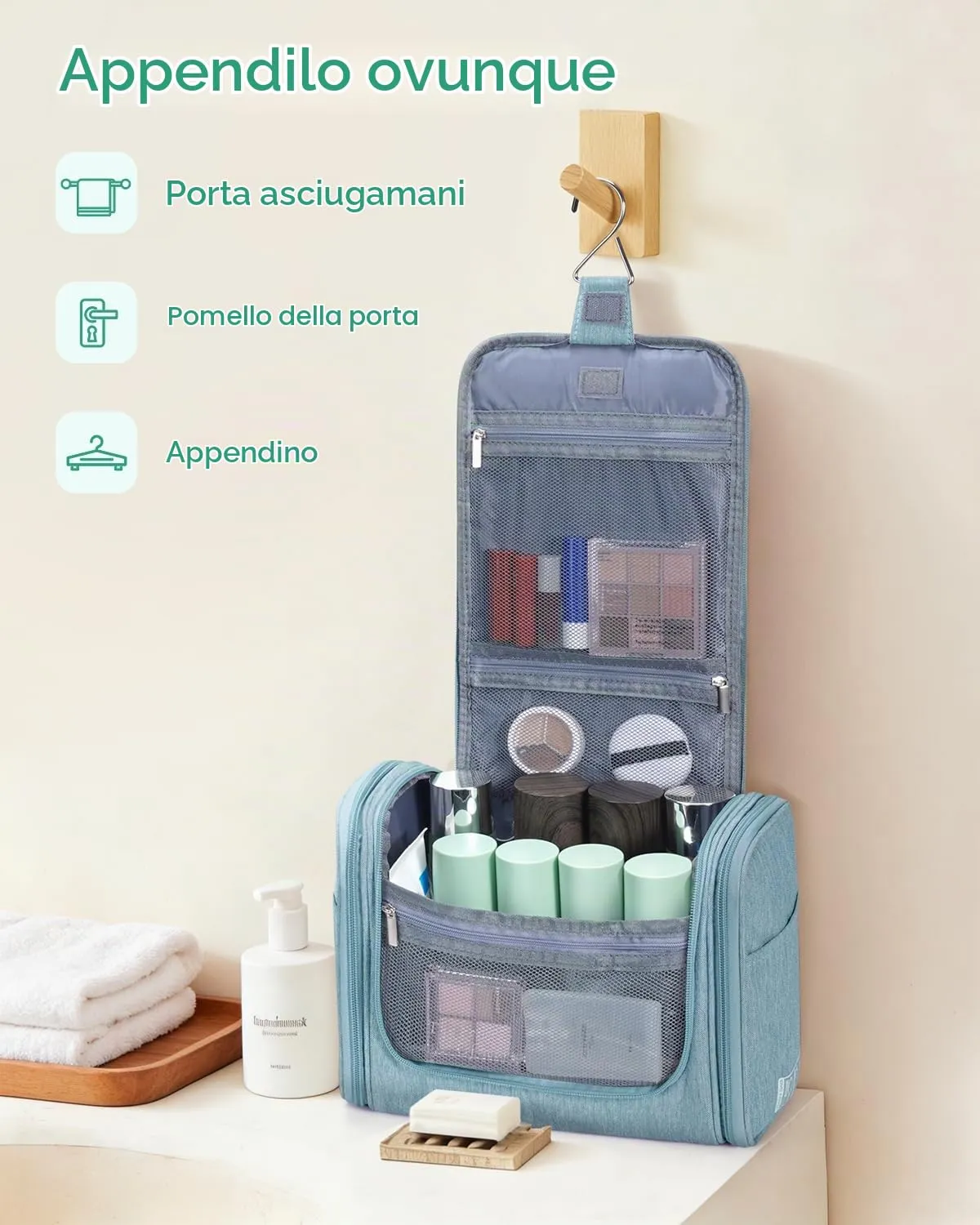 WANDF Borsa da Toilette da Viaggio Appenderibile Resistente all'Acqua, Verde Menta - immagine 5