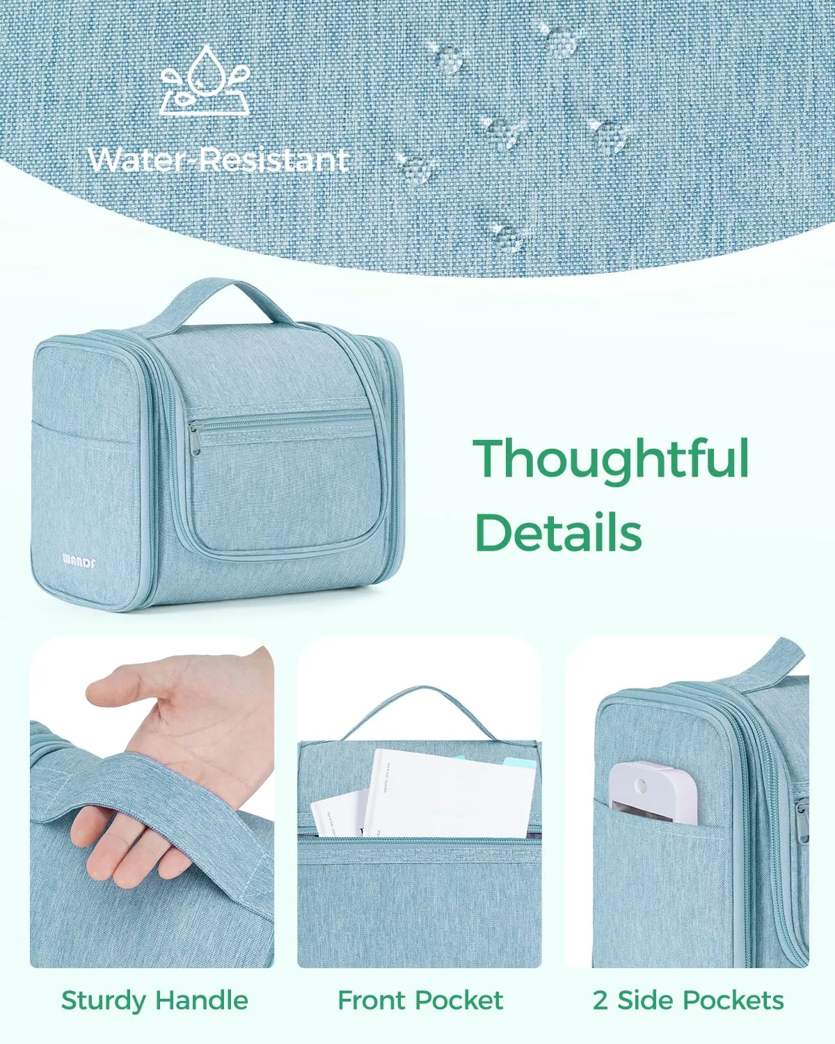 WANDF Borsa da Toilette da Viaggio Appenderibile Resistente all'Acqua, Verde Menta - immagine 6