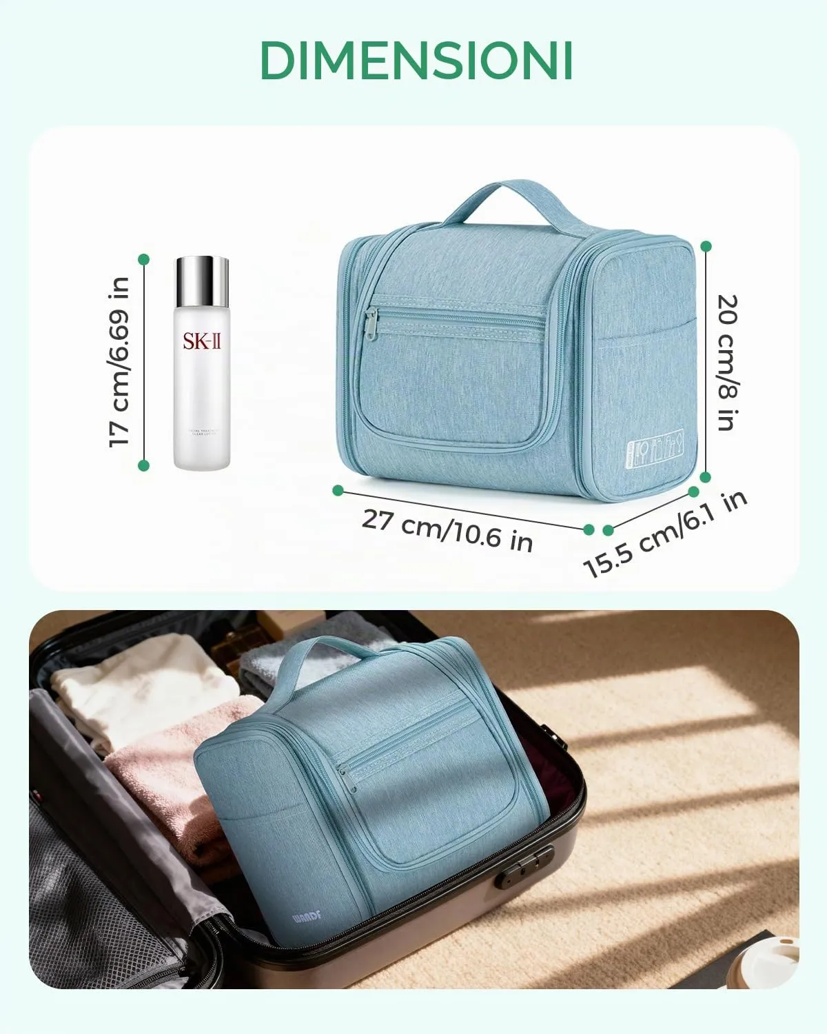 WANDF Borsa da Toilette da Viaggio Appenderibile Resistente all'Acqua, Verde Menta - immagine 7