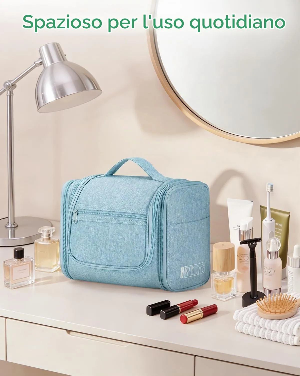 WANDF Borsa da Toilette da Viaggio Appenderibile Resistente all'Acqua, Verde Menta - immagine 8