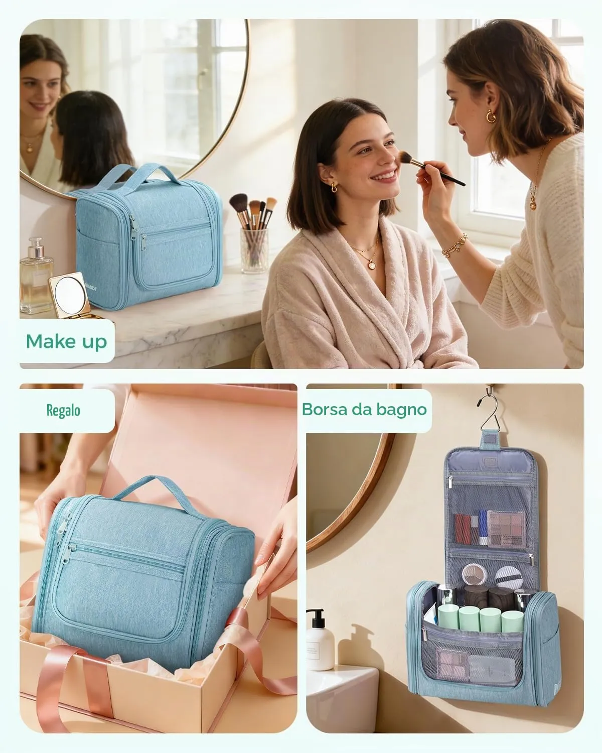 WANDF Borsa da Toilette da Viaggio Appenderibile Resistente all'Acqua, Verde Menta - immagine 9