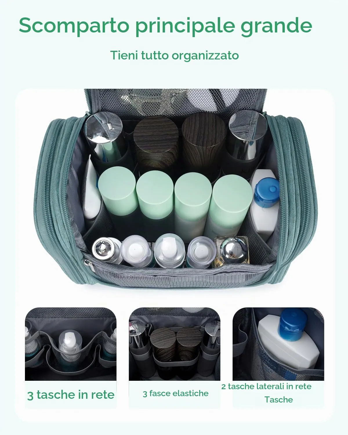 WANDF Borsa da toilette appendere resistente all'acqua per uomo e donna, Verde - immagine 2