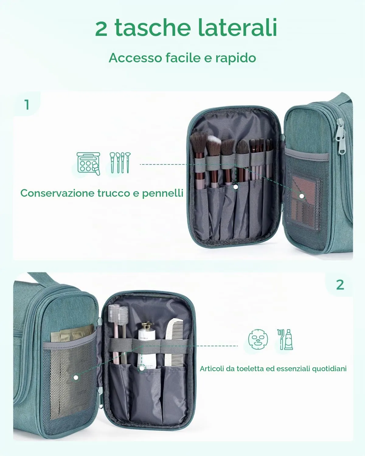 WANDF Borsa da toilette appendere resistente all'acqua per uomo e donna, Verde - immagine 3