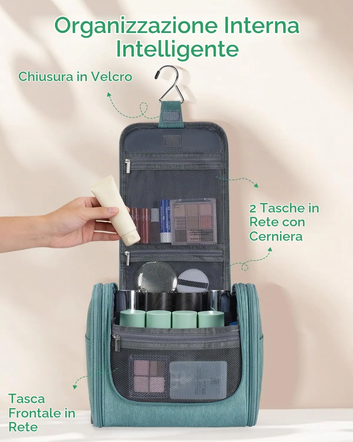 WANDF Borsa da toilette appendere resistente all'acqua per uomo e donna, Verde - immagine 4