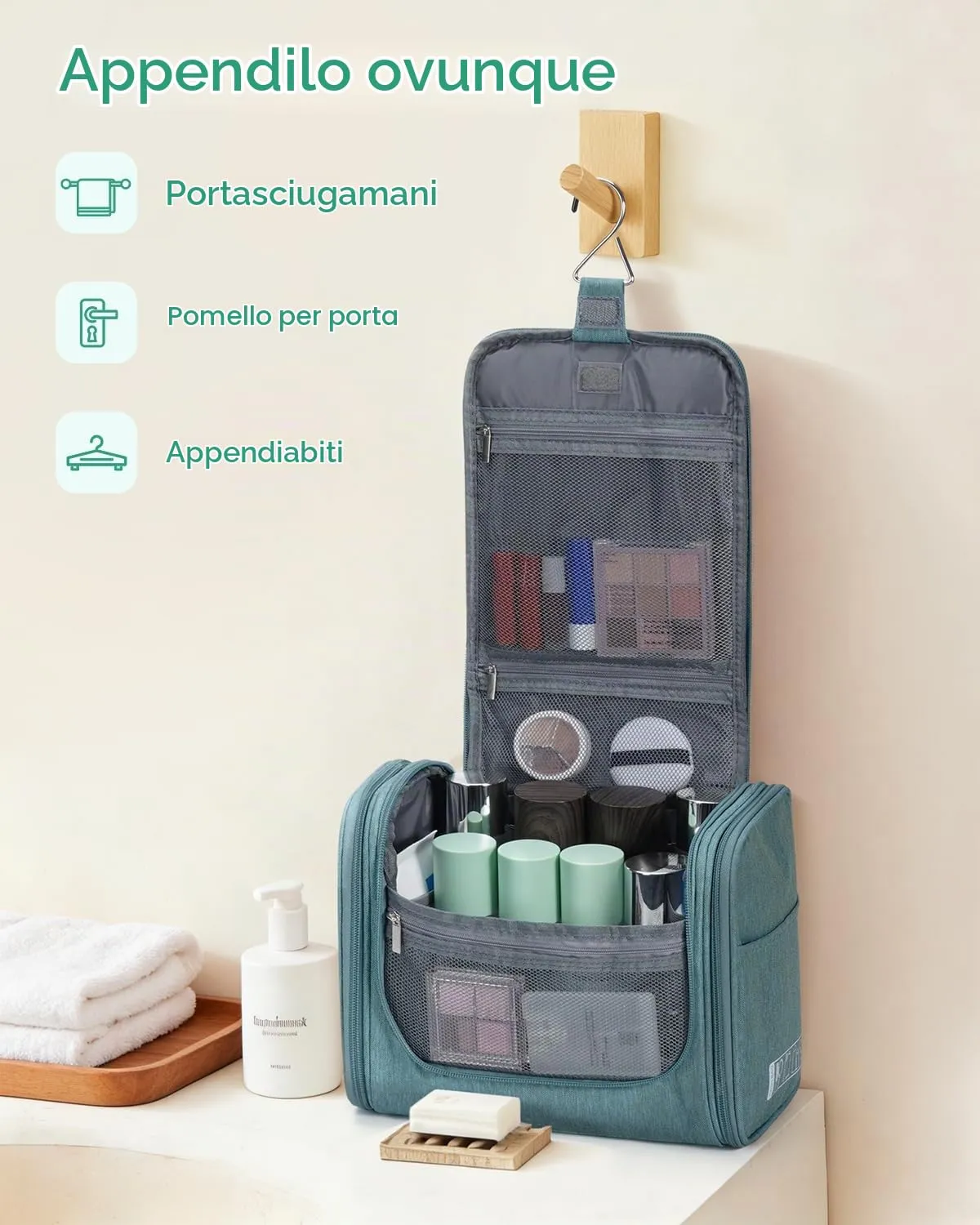 WANDF Borsa da toilette appendere resistente all'acqua per uomo e donna, Verde - immagine 5