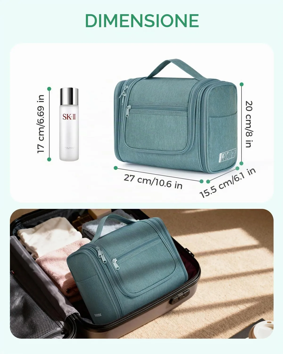 WANDF Borsa da toilette appendere resistente all'acqua per uomo e donna, Verde - immagine 6