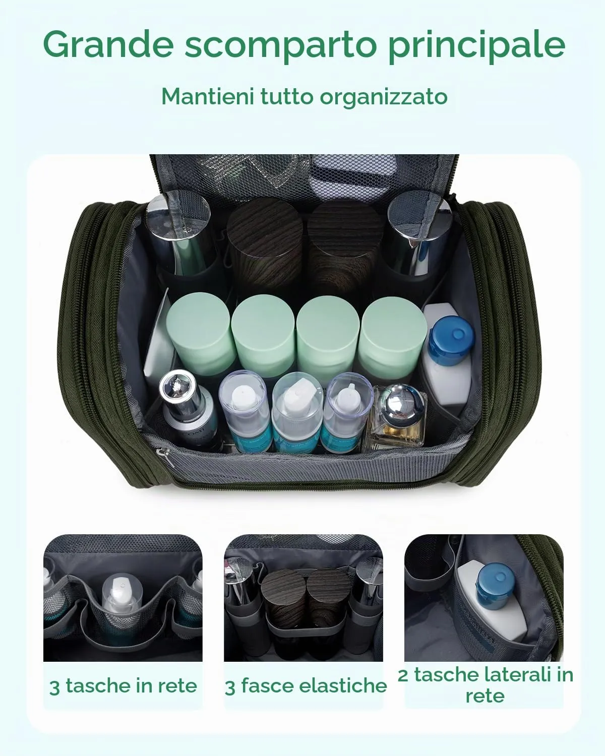 WANDF Borsa da toilette appendere per cosmetici e accessori da viaggio, resistente all'acqua (Verde Scuro) - immagine 2
