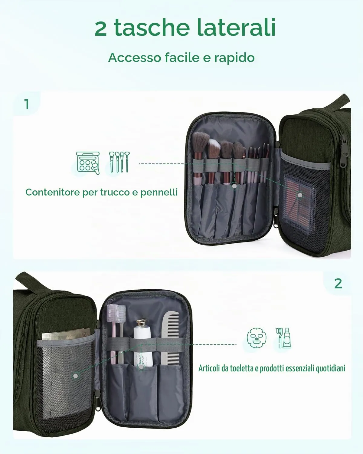 WANDF Borsa da toilette appendere per cosmetici e accessori da viaggio, resistente all'acqua (Verde Scuro) - immagine 3