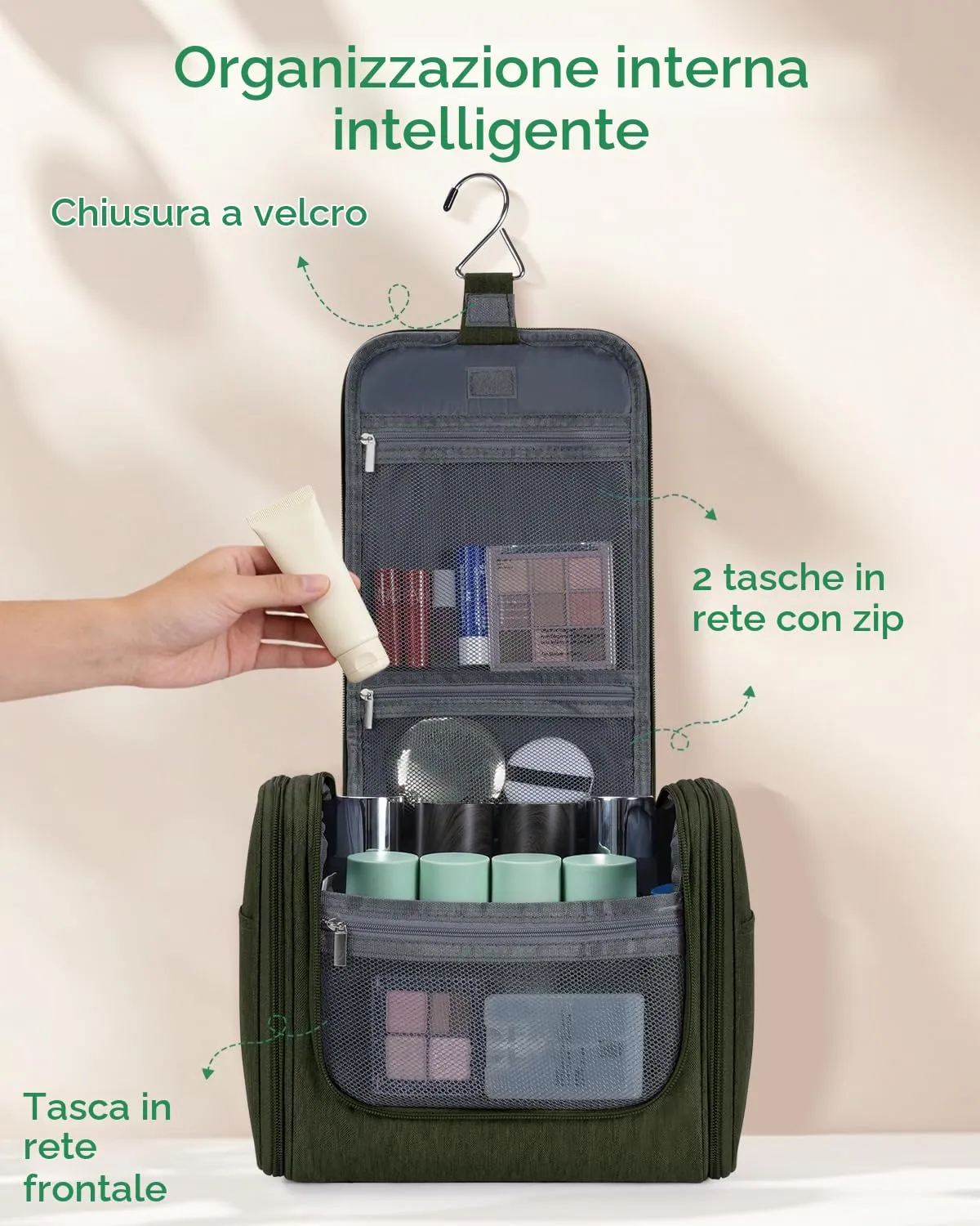 WANDF Borsa da toilette appendere per cosmetici e accessori da viaggio, resistente all'acqua (Verde Scuro) - immagine 4