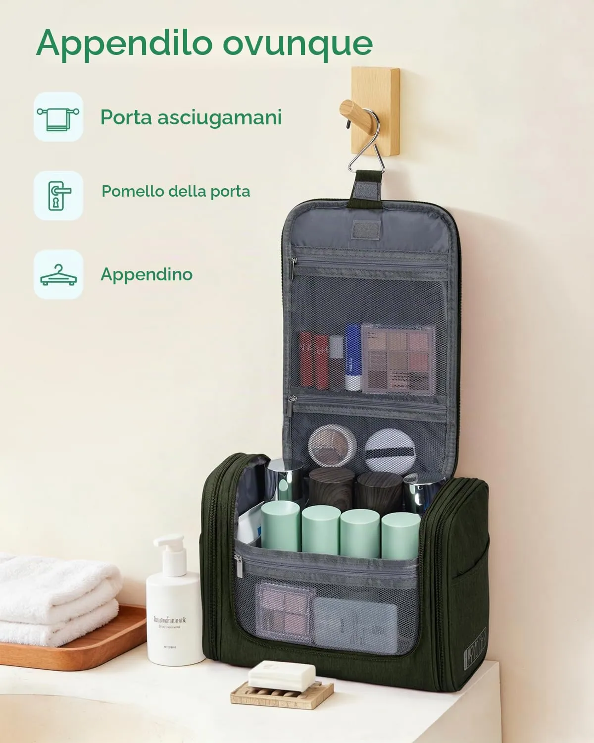 WANDF Borsa da toilette appendere per cosmetici e accessori da viaggio, resistente all'acqua (Verde Scuro) - immagine 5