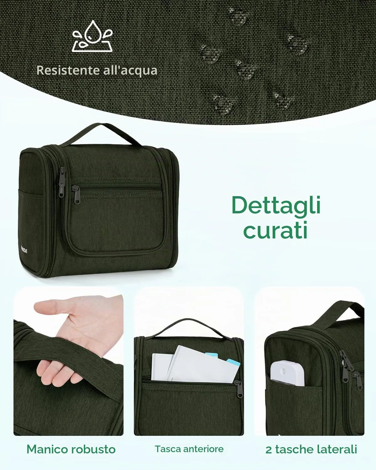 WANDF Borsa da toilette appendere per cosmetici e accessori da viaggio, resistente all'acqua (Verde Scuro) - immagine 6