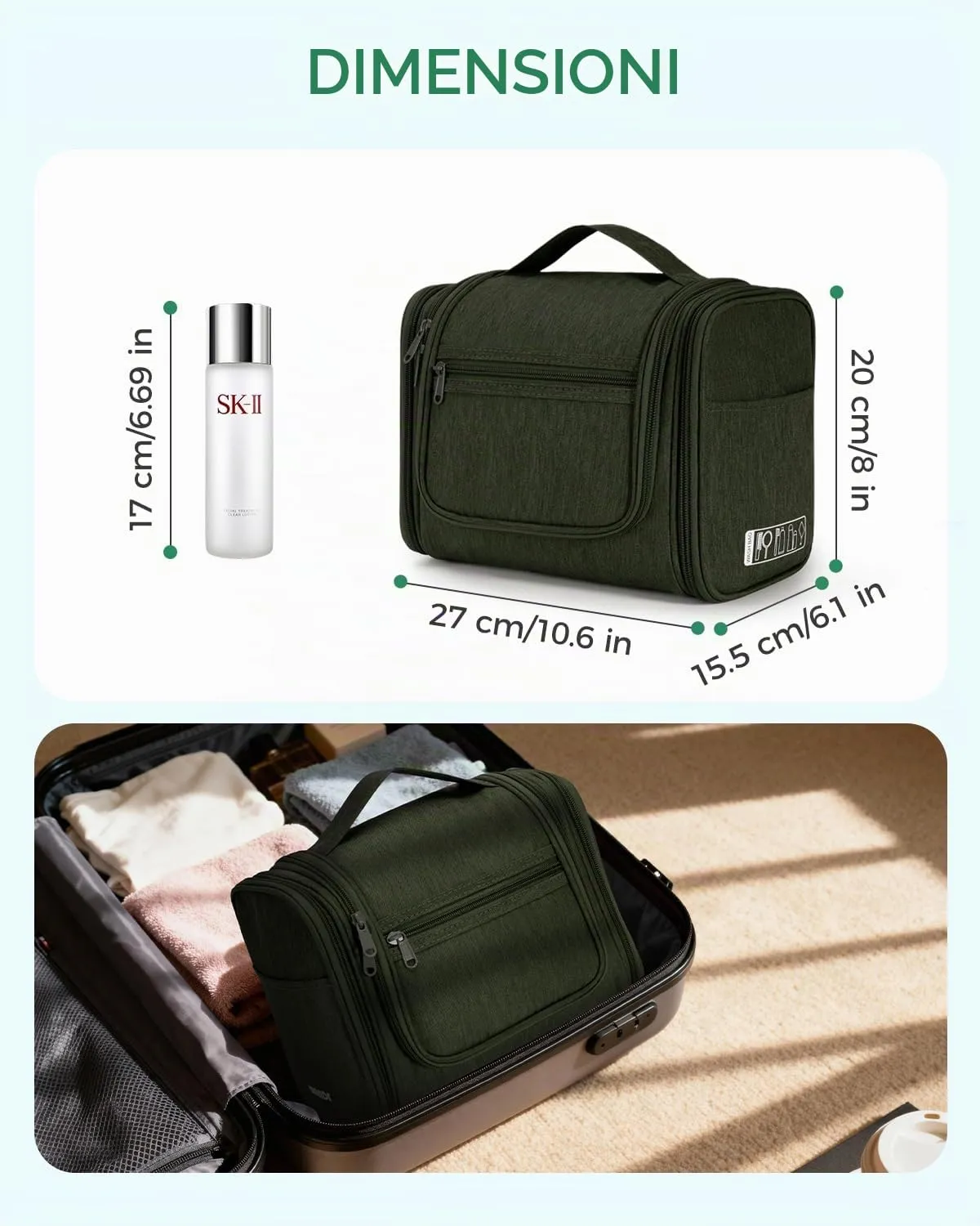 WANDF Borsa da toilette appendere per cosmetici e accessori da viaggio, resistente all'acqua (Verde Scuro) - immagine 7