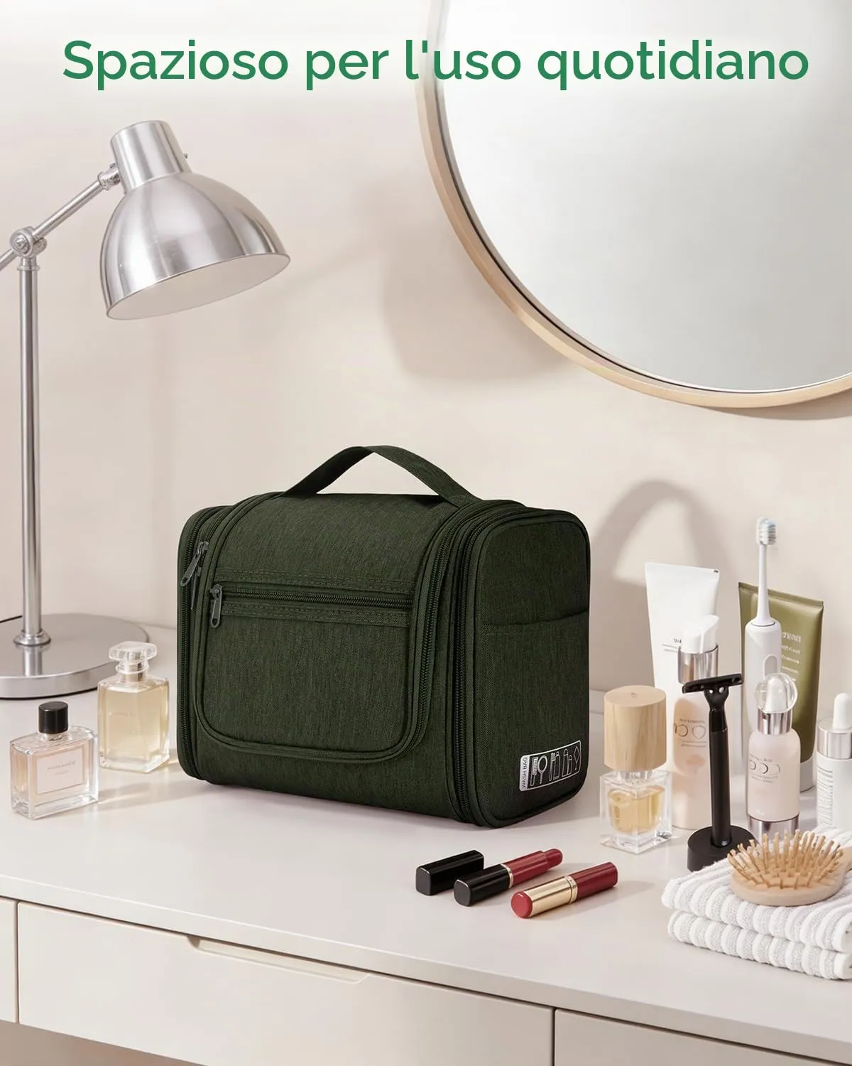 WANDF Borsa da toilette appendere per cosmetici e accessori da viaggio, resistente all'acqua (Verde Scuro) - immagine 8