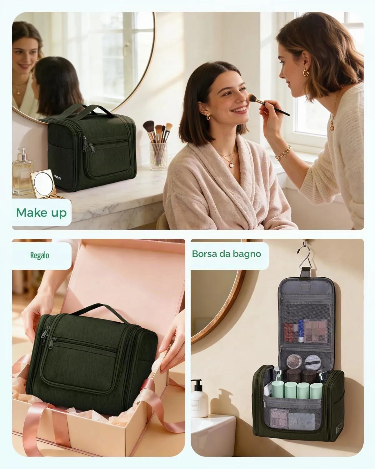 WANDF Borsa da toilette appendere per cosmetici e accessori da viaggio, resistente all'acqua (Verde Scuro) - immagine 9