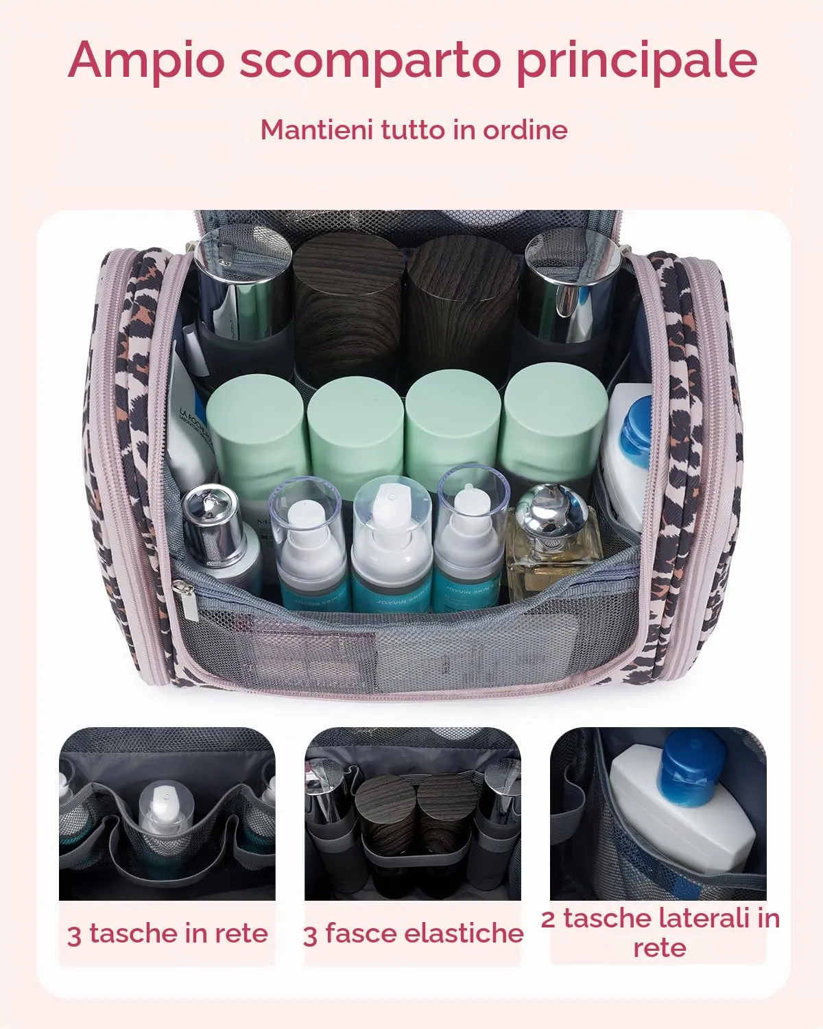 WANDF Borsa da toilette appendere resistente all'acqua per cosmetici e accessori da viaggio, Leopardo Rosa - immagine 2