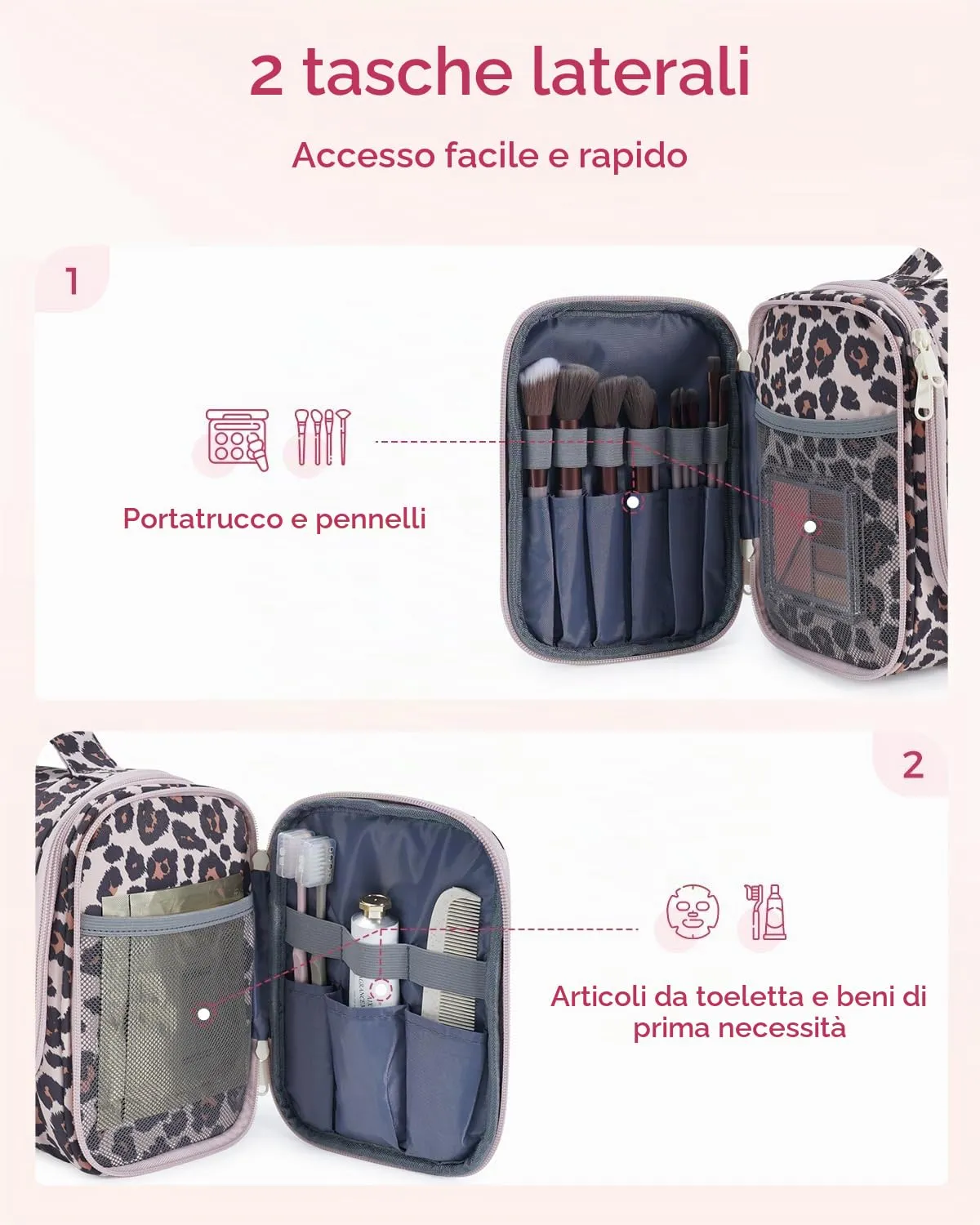 WANDF Borsa da toilette appendere resistente all'acqua per cosmetici e accessori da viaggio, Leopardo Rosa - immagine 3