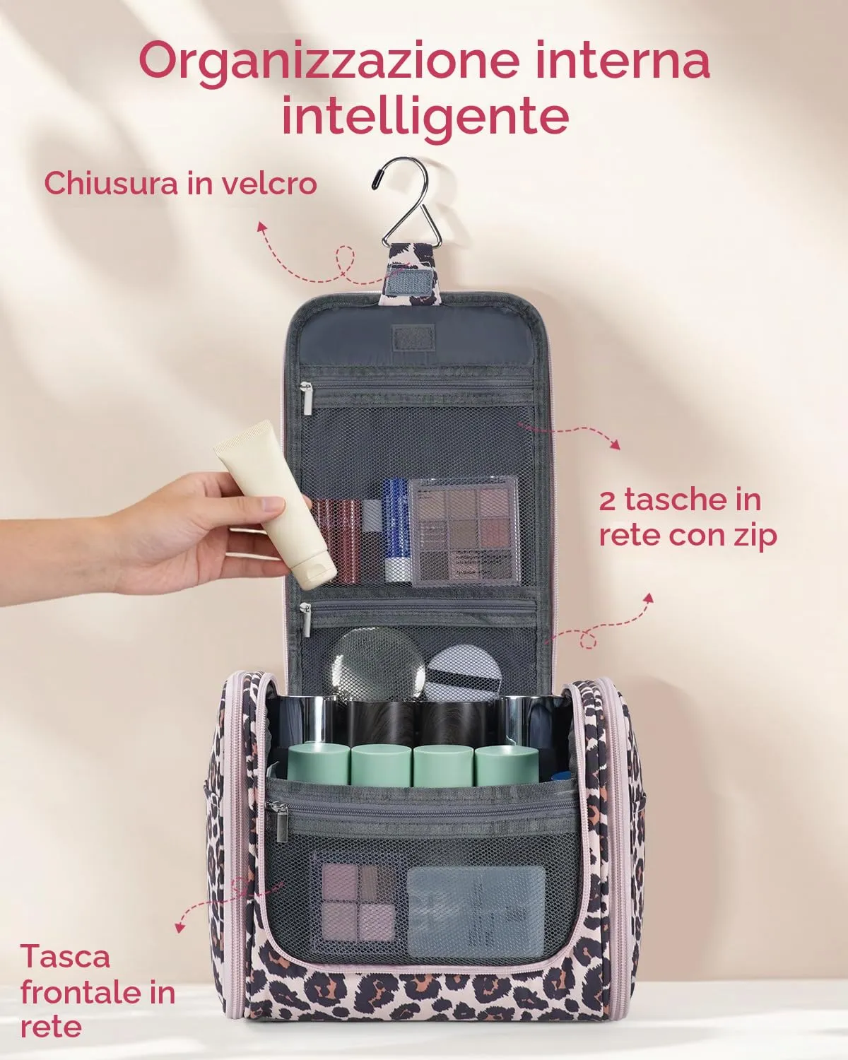 WANDF Borsa da toilette appendere resistente all'acqua per cosmetici e accessori da viaggio, Leopardo Rosa - immagine 4