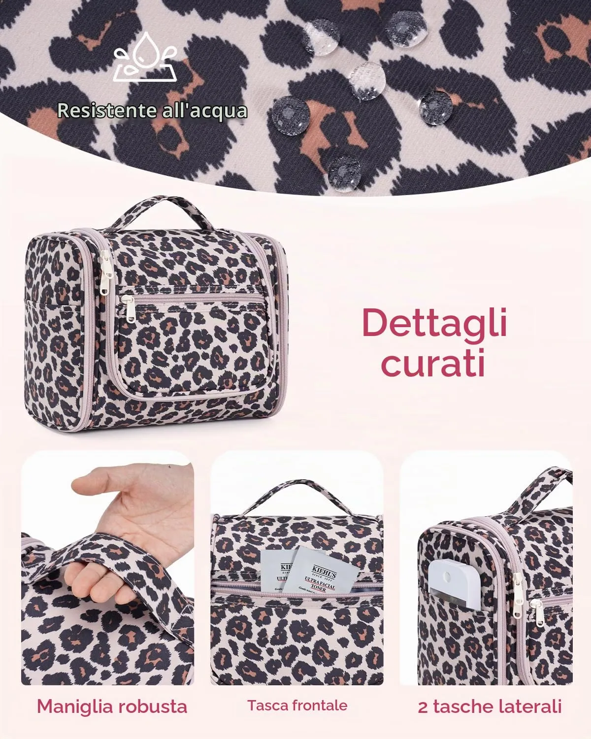 WANDF Borsa da toilette appendere resistente all'acqua per cosmetici e accessori da viaggio, Leopardo Rosa - immagine 6