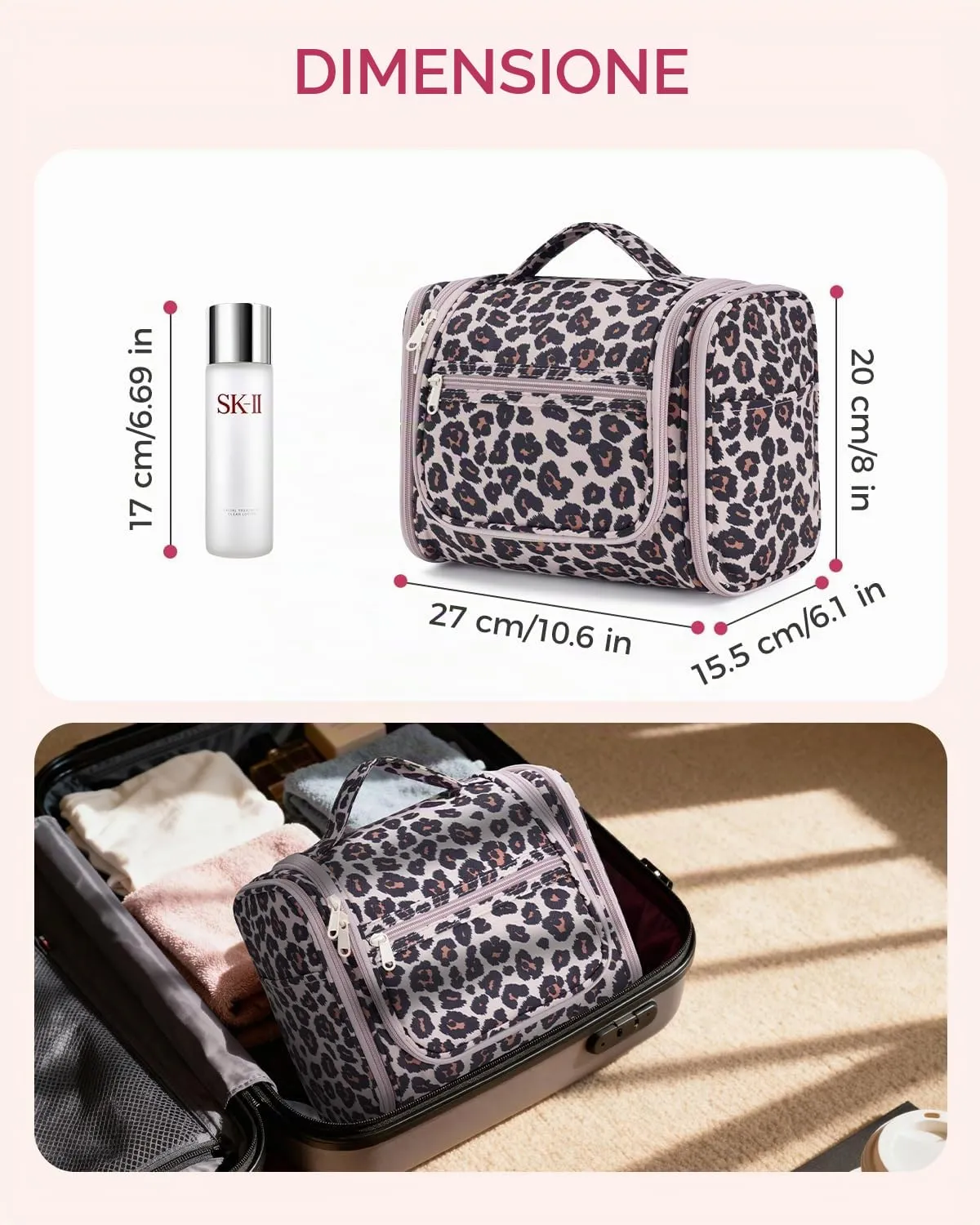 WANDF Borsa da toilette appendere resistente all'acqua per cosmetici e accessori da viaggio, Leopardo Rosa - immagine 7