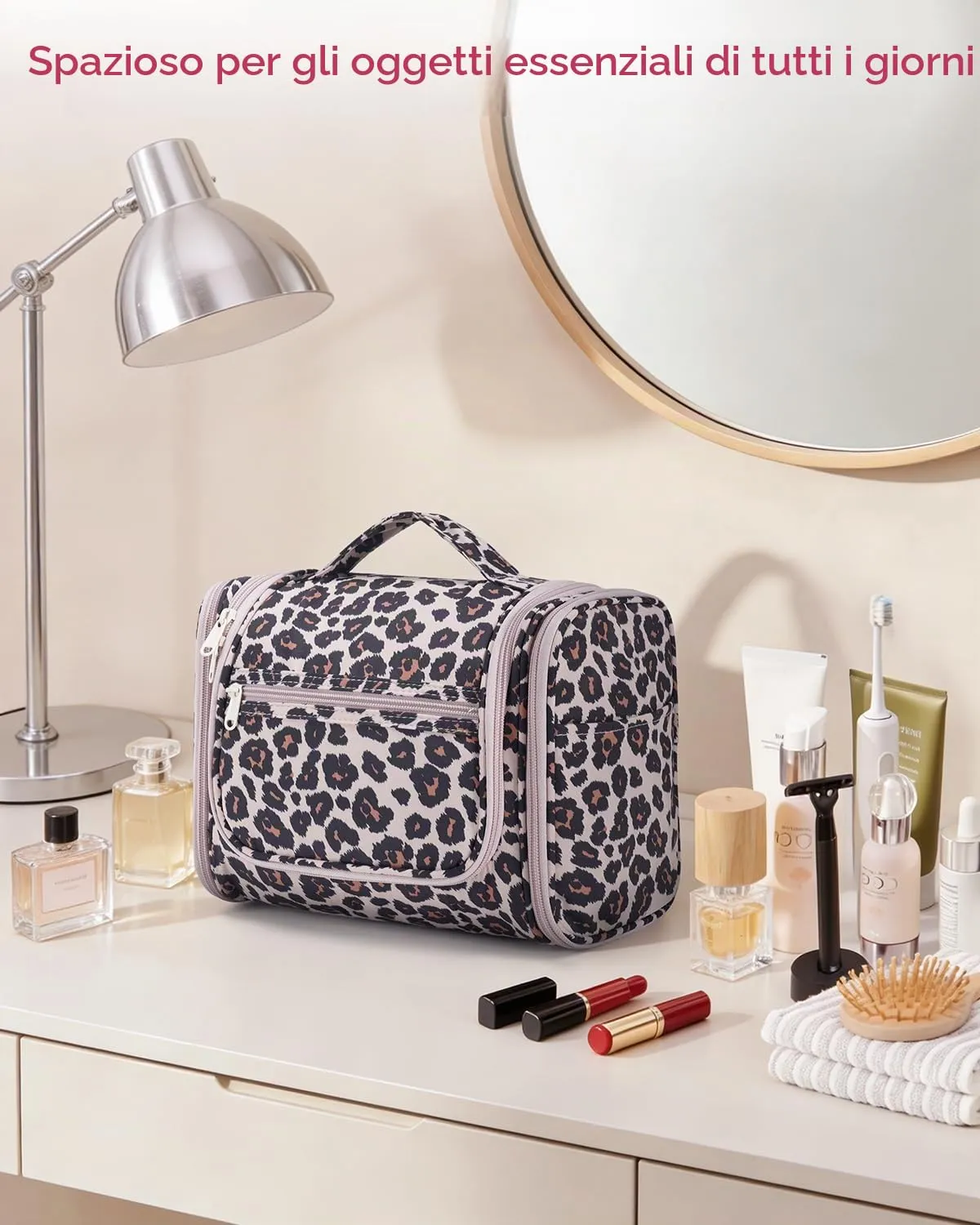 WANDF Borsa da toilette appendere resistente all'acqua per cosmetici e accessori da viaggio, Leopardo Rosa - immagine 8