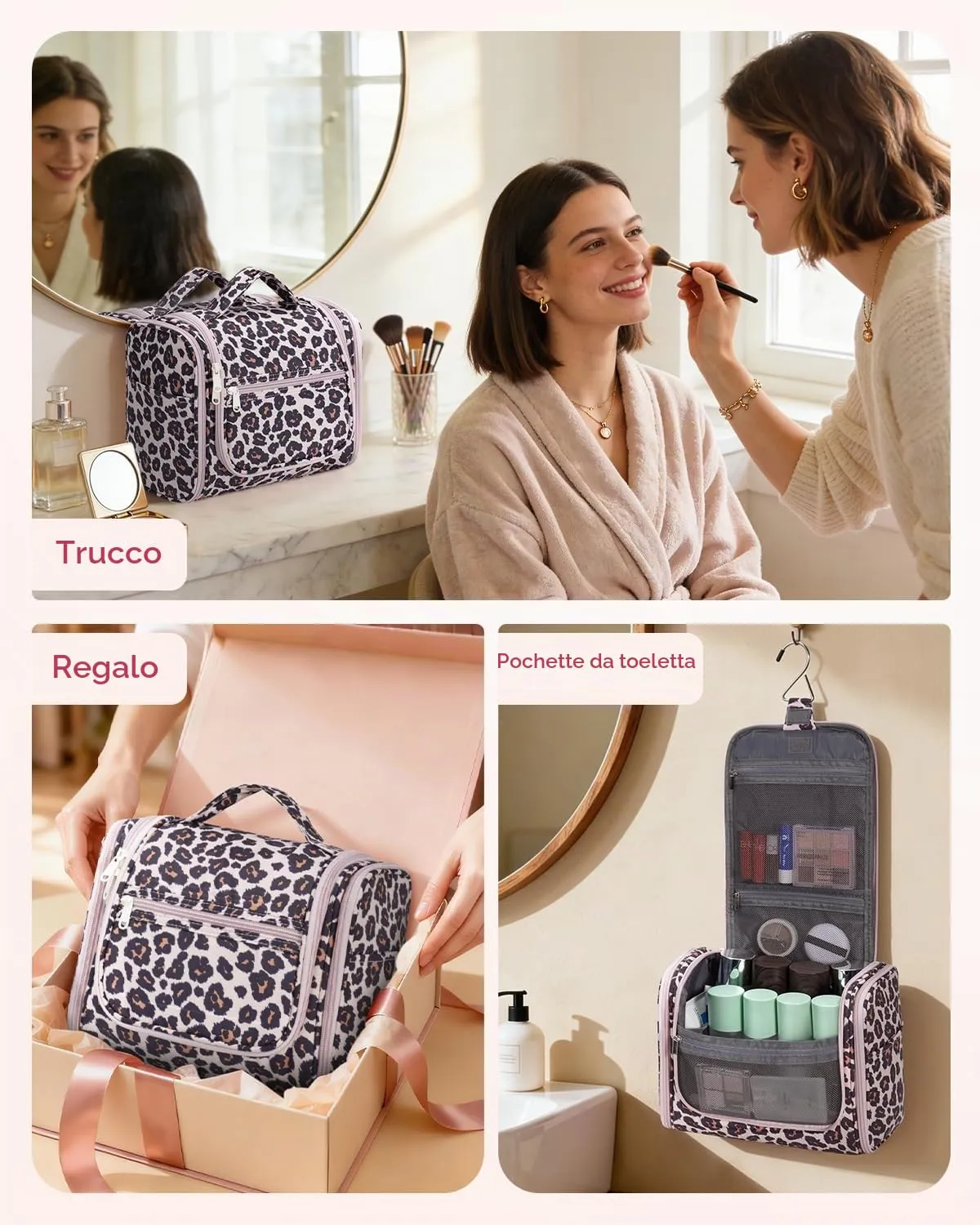 WANDF Borsa da toilette appendere resistente all'acqua per cosmetici e accessori da viaggio, Leopardo Rosa - immagine 9