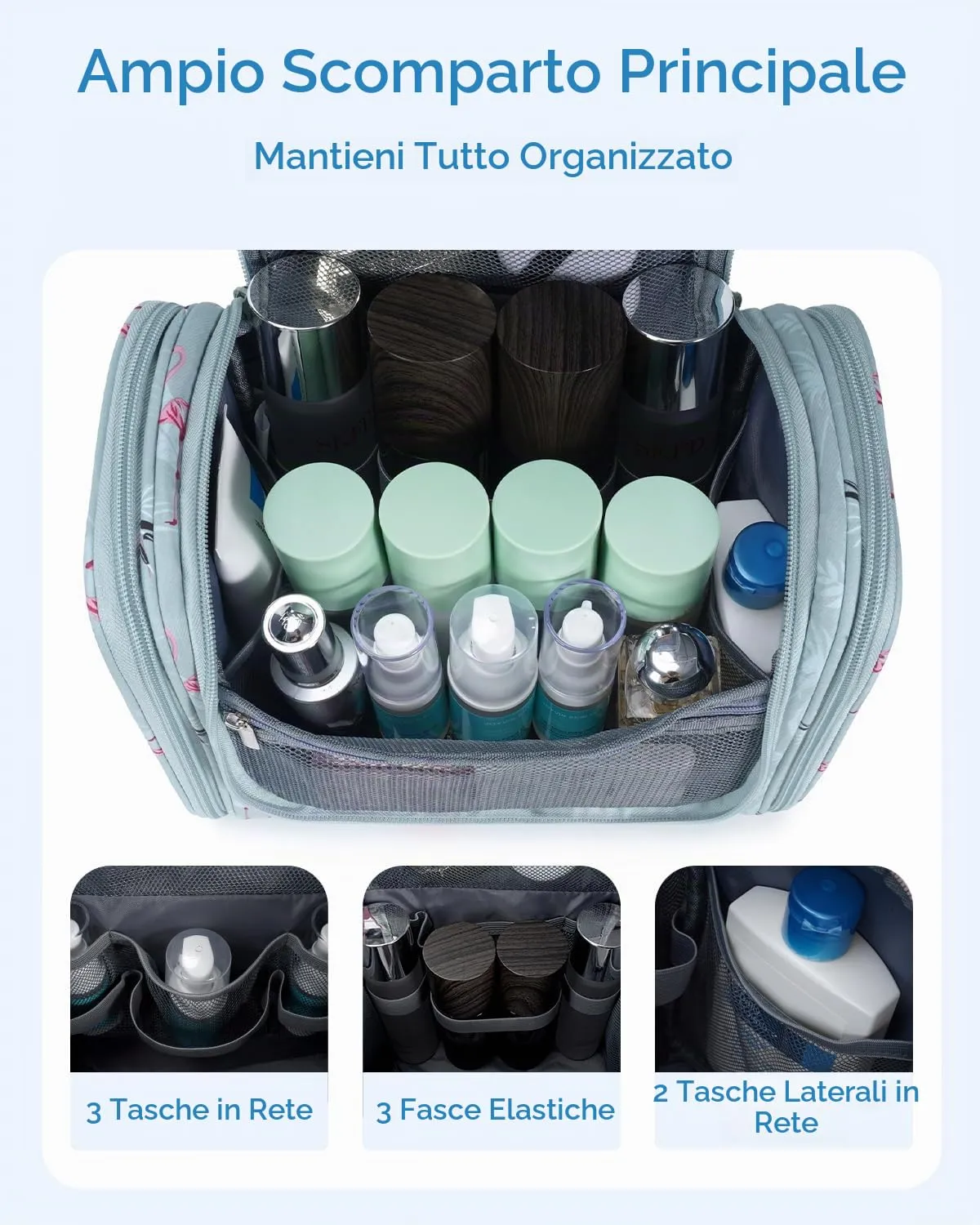WANDF Borsa da Toilette Appendere per Viaggio, Resistente all'Acqua (Fenicottero Blu) - immagine 2