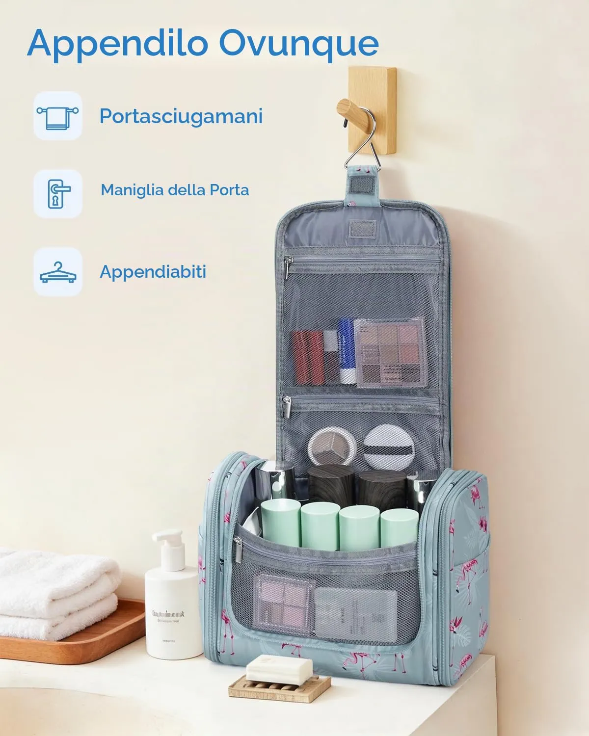WANDF Borsa da Toilette Appendere per Viaggio, Resistente all'Acqua (Fenicottero Blu) - immagine 5