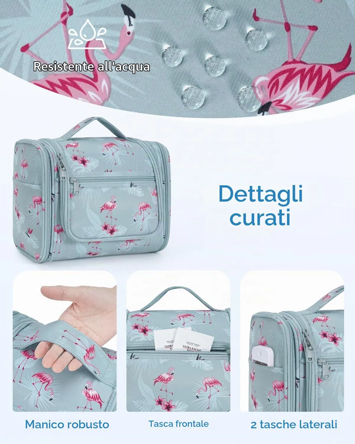 WANDF Borsa da Toilette Appendere per Viaggio, Resistente all'Acqua (Fenicottero Blu) - immagine 6