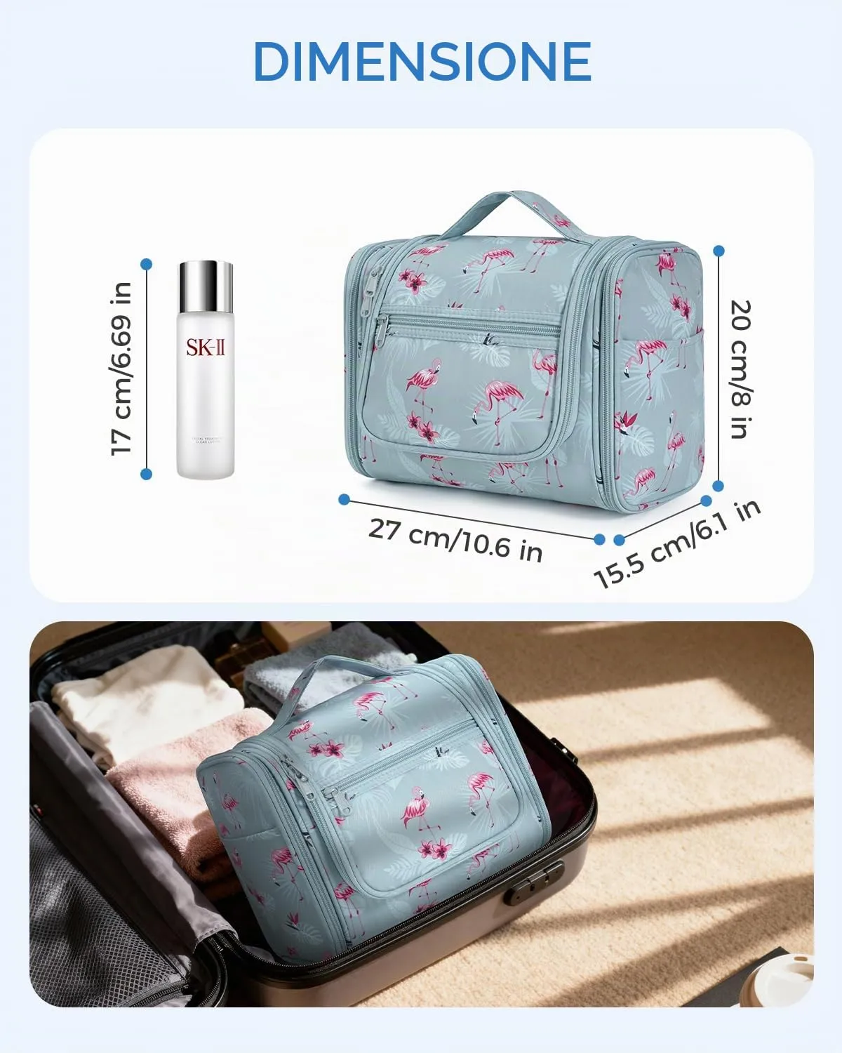 WANDF Borsa da Toilette Appendere per Viaggio, Resistente all'Acqua (Fenicottero Blu) - immagine 7