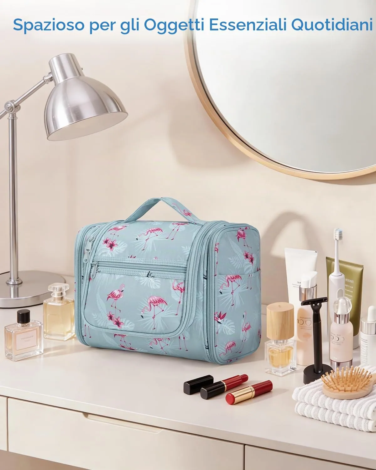 WANDF Borsa da Toilette Appendere per Viaggio, Resistente all'Acqua (Fenicottero Blu) - immagine 8