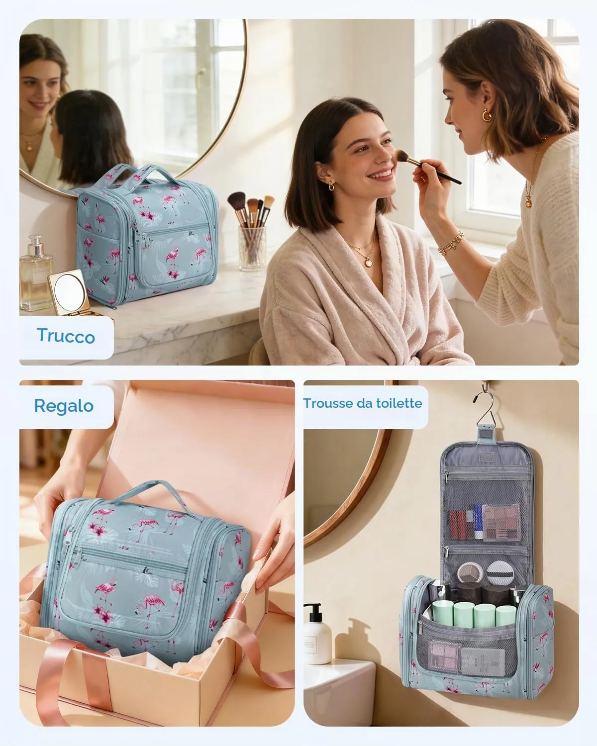 WANDF Borsa da Toilette Appendere per Viaggio, Resistente all'Acqua (Fenicottero Blu) - immagine 9