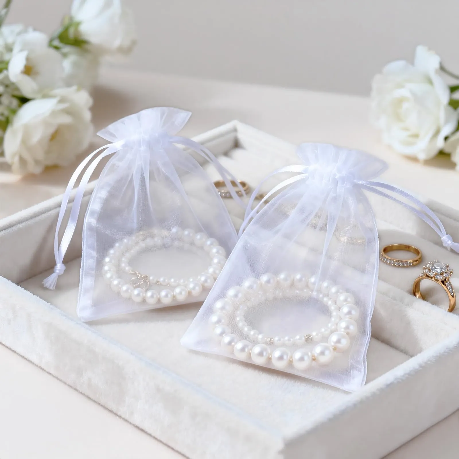 G2PLUS 50PCS Sacchetti Organza,7x9cm Sacchetti Organza Regalo Bianco - immagine 6